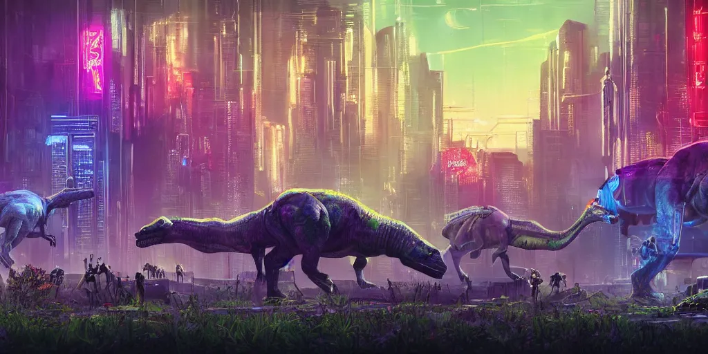 Image similar to a beautiful painting of a lush cyberpunk city with dinosaurs grazing in parks by ridley scott, vivid colours, cinematic lighting, fine details, 8 k | | digital artwork made by greg rutswork, anna dittmann and lois van barlee, symmetrical neon rim light, anatomically correct