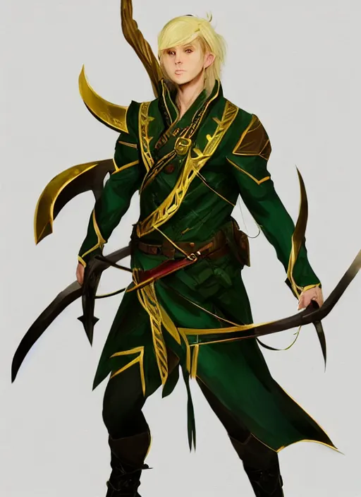 Image similar to Half-body of a handsome blonde elven ranger in green and gold jacket with a crossbow. In style of Hyung-tae Kim and Greg Rutkowski, concept art, trending on ArtStation, Korean MMORPG, over-detailed art, 4K, epic, dynamic lightning, dramatic pose.