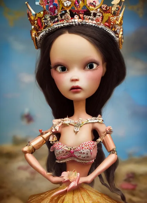 Image similar to closeup profile portrait of tin toy fairytale princess wearing a crown, bikini, depth of field, zeiss lens, detailed, symmetrical, centered, fashion photoshoot, by nicoletta ceccoli, mark ryden, lostfish, breathtaking, 8 k resolution, extremely detailed, beautiful, establishing shot, artistic, hyperrealistic, octane render