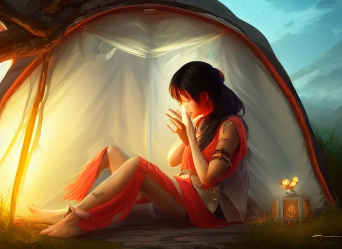 Image similar to full portrait of asian mage traveller resting at her tent. intricate, elegant, highly detailed, digital painting, artstation, concept art, smooth, sharp focus, illustration, by artgerm, 8 k