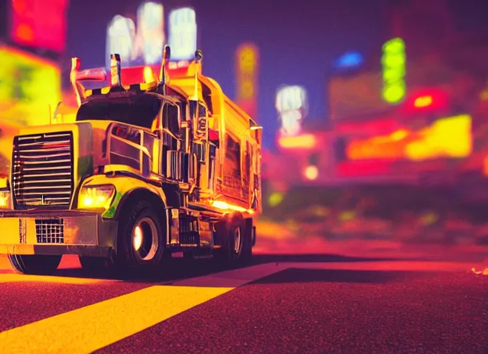 Image similar to a film still of a tonka truck driving through a neon city at night, cinematic