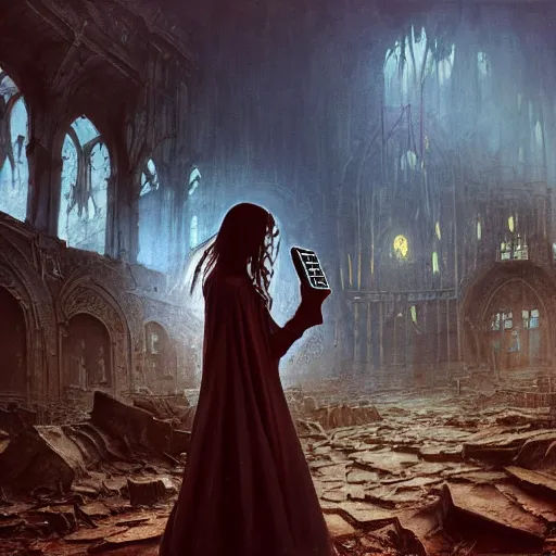 Prompt: a portrait of a young woman wearing a long dark cloak, performing on an various esoteric looking electronic music devices and an enormous modular synthesizer rig amidst the ruins of deserted and decaying city, oil painting, matte painting, Volumetric Golden dappled dynamic lighting, Highly Detailed, Cinematic Lighting, Unreal Engine, 8k, HD, by Beksinski