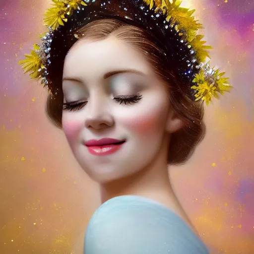 Image similar to close-up of a smiling beautiful female, blonde,, wearing a crown of daisies, beautiful happy face, ethereal, starry, space, magical atmosphere, maximalist, cinematic lighting, cinematic atmosphere, trending on artstation, cgsociety, 8k, high resolution, in the style of Faiza Maghni, David Ligare, Flora Borsi, Daniel Gerhartz,