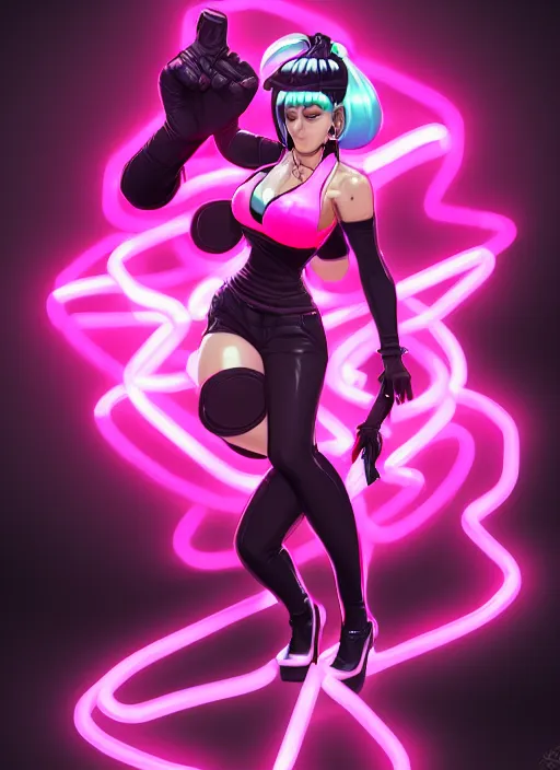 Image similar to female boss, wide angle view, neon pink and black color scheme, highly detailed, artgerm, cushart krenz, king of fighters style, trending on artstation, soft light, sharp focus, illustration, character design, concept art