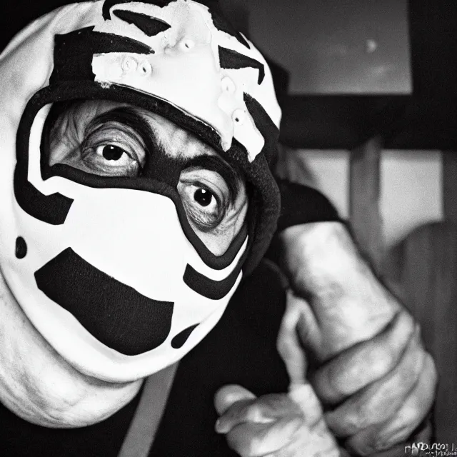 Image similar to a close-up black-and-white studio portrait of Roberto Bolaños Chaves El Chavo del Ocho wearing the MF Doom mask. Madvillain album cover