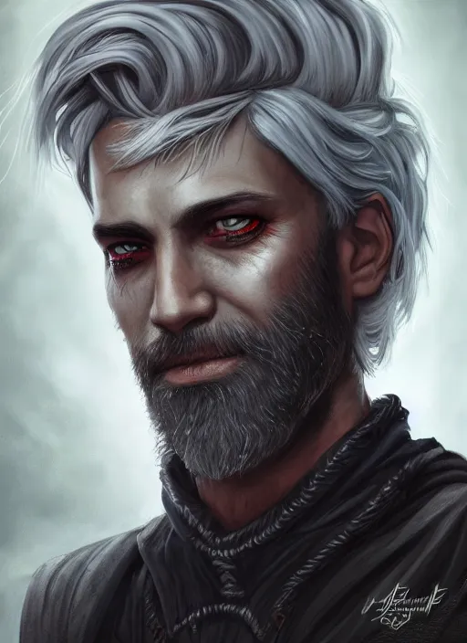 Image similar to an epic fantastic realism comic book style portrait painting of an aasimar warlock, mid thirties, male, shaggy silver hair, short brown beard, d & d concept art, unreal 5, daz, petrol aesthetic, octane render, cosplay, rpg portrait, dynamic lighting