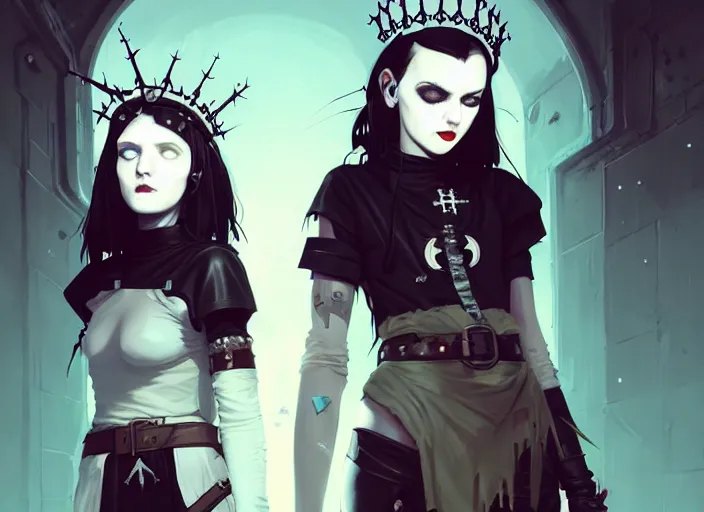 Prompt: two cute goth maiden girls with crown of thorns and white short hairs, dressed in leather belts, warhammer, cyberpunk, by atey ghailan, by greg rutkowski, by greg tocchini, by james gilleard, by joe gb fenton, by kaethe butcher, dynamic lighting, gradient light blue, brown, blonde cream and white color in scheme, grunge aesthetic