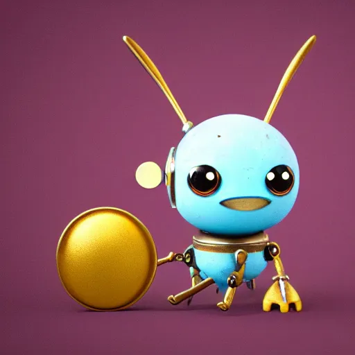 Prompt: a small chubby bot, colourful, smooth panelling, large gold eye intricate detail, style of cute pokemon, with damaged rusty arms, broken antenna, recycled, floating, white studio, oil, mechanical, cute toy, with an insect on its head, ambient light, in the style of pixar animation, pokedstudios, blender, octane render, 8 k,