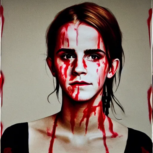 Image similar to portrait of emma watson, medium shot. by hermann nitsch and hermann nitsch