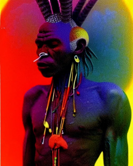 Image similar to a colorful chromatic abberation, 9 0 s toy commercial, double exposure photo from the 7 0 s, polaroid photo of a african tribal warrior, by zdzislaw beksinski, by ernst haeckel