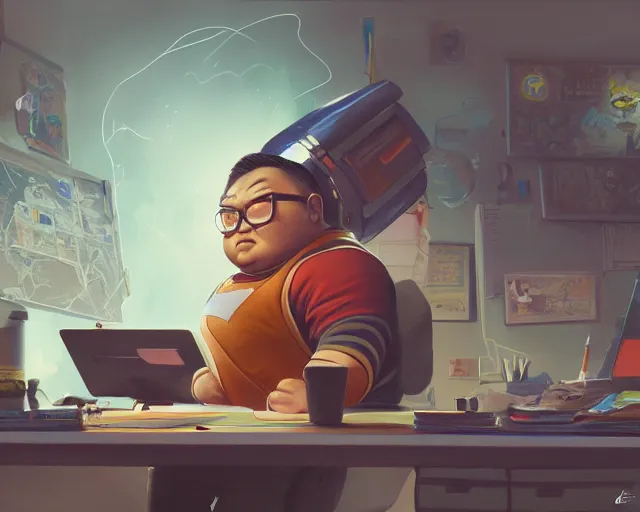 Image similar to an insanely detailed painting of a slightly chubby, nerdy asian man wearing a superhero costume, sitting at a desk, staring at the nervously at the computer and typing, in the style of peter mohrbacher, dramatic lighting and composition, octane render, pixar, trending on artstation, concept art, comic book, view from behind