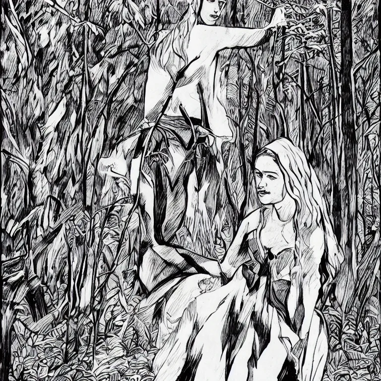 Prompt: Beautiful realistic self portrait by Zinaida Serebriakova as a beautiful Mutant walking in the woods of the Pacific Northwest , high contrast intricate fine line ink drawing comic illustration by Charles Burns shocking detail hyperrealistic 8k