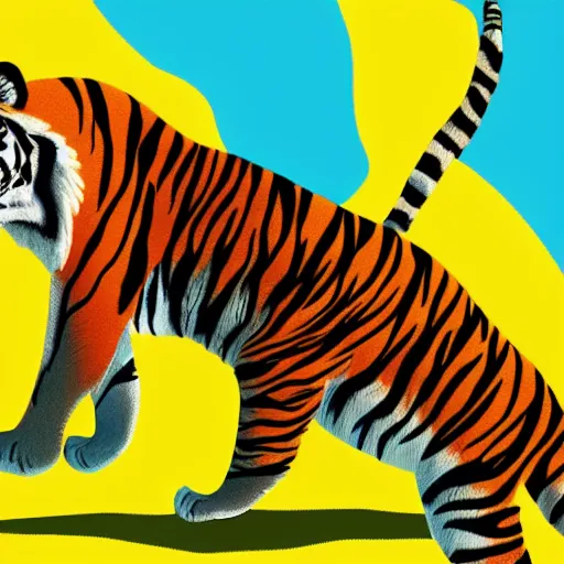 Image similar to tiger walking with backdrop showing the sky, palm tres. the tiger has sharp claws and teeth. in minimal colourful geometric illustration style digital painting