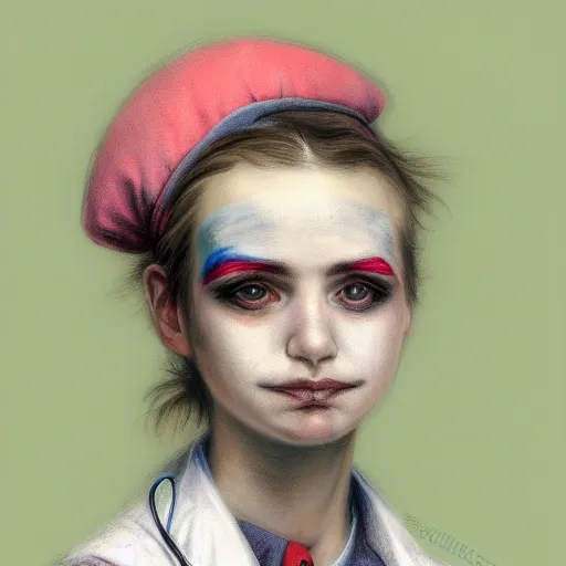 Image similar to clowncore pastel punk young hospital nurse wearing stylish uniform. detailed, portrait, 8 k, artwork by jean - baptiste monge