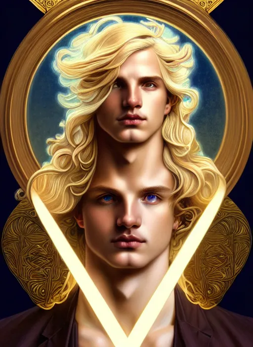 Prompt: portrait of smirking young god apollo, wavy blond hair, bright halo, glowing eyes, volumetric lights, platinum gold scheme, art nouveau botanicals, gothic, intricate, highly detailed, digital painting, artstation, concept art, smooth, sharp focus, symmetric face, illustration, steampunk, art by artgerm and greg rutkowski and alphonse mucha