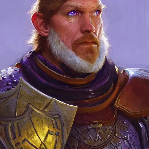 Image similar to barney from barney kids show as a realistic fantasy d & d knight, closeup portrait art by donato giancola and greg rutkowski, digital art, trending on artstation