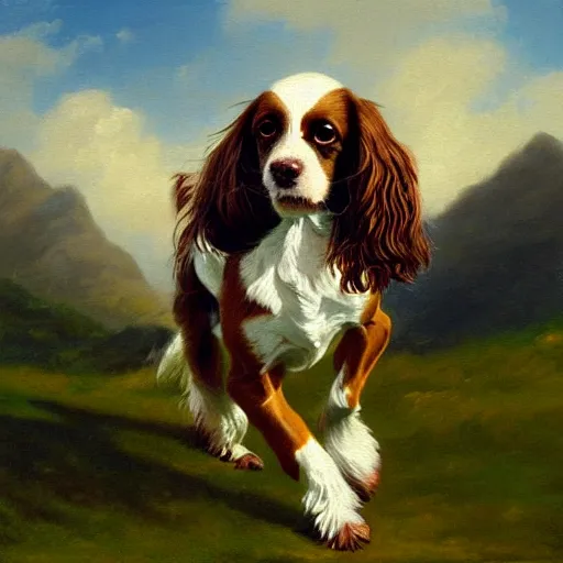 Prompt: painting of a brown and white spaniel carrying a yellow frisbees in a lush expanse, mountains in the background, france , fine art, classical art, prestigious, brush marks