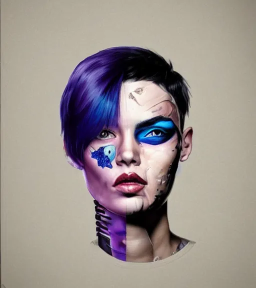 Prompt: portrait of a young beautiful female with short blue-hair purple-skin artwork by Sandra Chevrier, metaverse, artstation