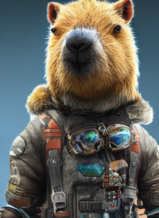 Prompt: detailed full body concept art illustration realistic portrait oil painting of an anthropomorphic capybara pilot in full intricate clothing, biomutant, ultra detailed, digital art, octane render, 4K