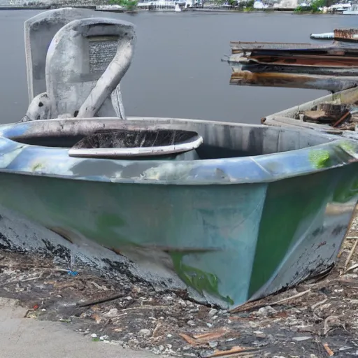 Prompt: dry dock concrete clamshell grill garbage can on an abandoned shiny angular motorboat hull with buoys behind it,