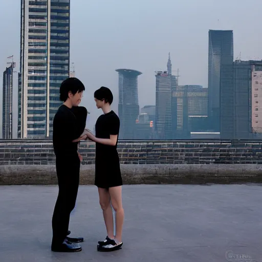 Image similar to a small rooftop with a couple of modern teenagers, standing and talking to each other, wearing black modern clothes, modern shanghai bund is on the background, sunset, by gregory crewdson, by hajime sorayama