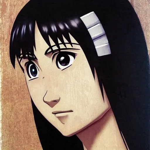 Prompt: hinata hyuga from naruto, beautiful, cute, painting by caravaggio