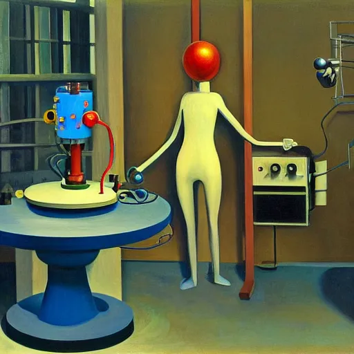 Image similar to mad scientist at a control panel programming a wacky robot in a gyroscope, grant wood, pj crook, edward hopper, oil on canvas