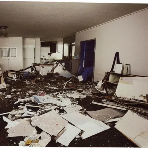 Prompt: The illustration shows a scene of total destruction. A room has been completely wrecked, with furniture overturned, belongings strewn about, and debris everywhere. The only thing left intact is a single photograph on the wall. This photograph is the only evidence of what the room once looked like. It shows a tidy, well-appointed space, with everything in its place. The contrast between the two images is stark, and it is clear that the destruction was complete and absolute. midnight blue by Qian Xuan ecstatic, a e s t h e t i c
