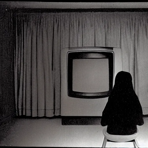 Prompt: woman watching tv screens old television poltergeist room, creepy, 8 mm, found footage