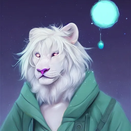 Image similar to aesthetic portrait commission of a albino male furry anthro lion under a lavender bubble filled while wearing a cute mint colored cozy soft pastel winter outfit with pearls on it, winter Atmosphere. Character design by charlie bowater, ross tran, artgerm, and makoto shinkai, detailed, inked, western comic book art, 2021 award winning painting