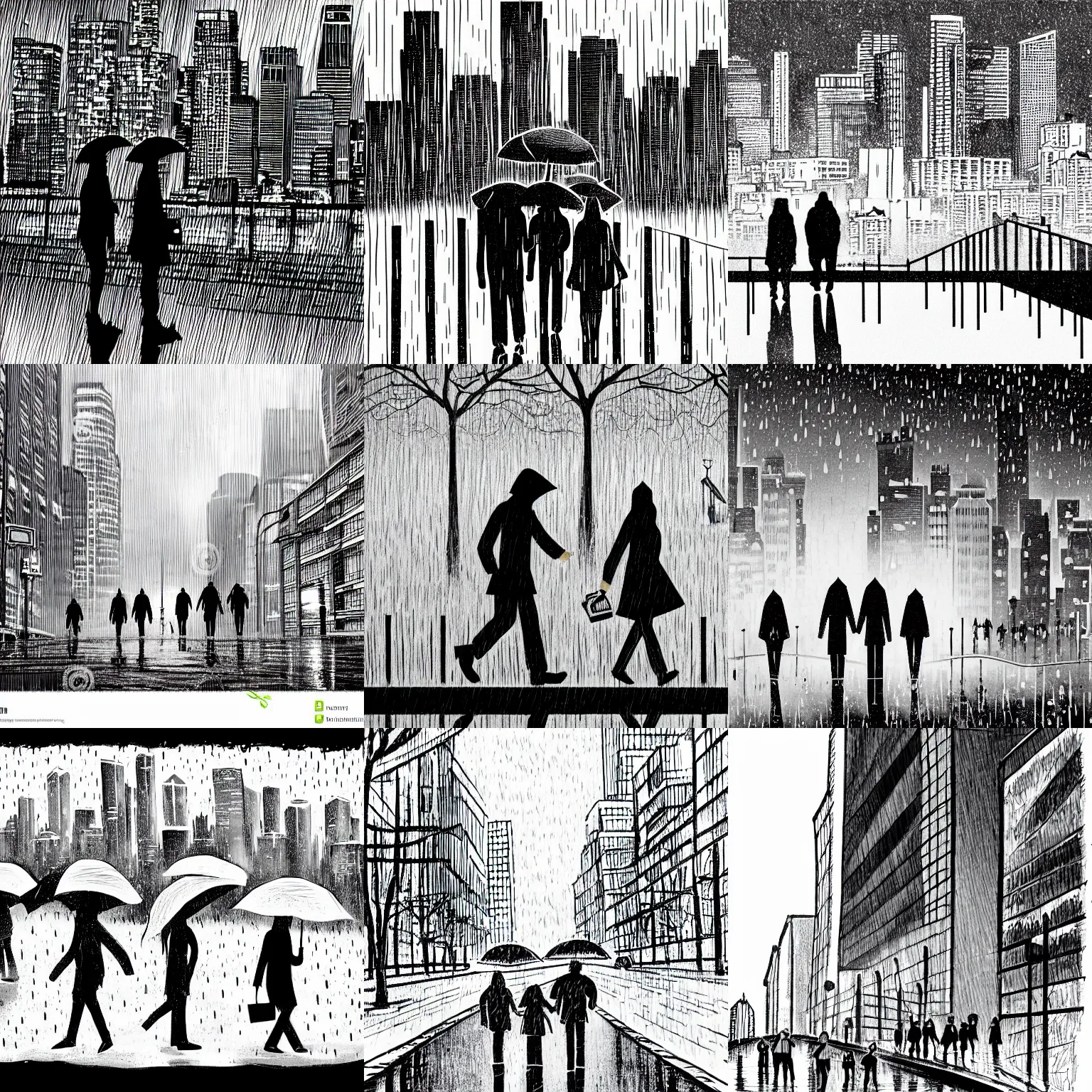 Prompt: black and white illustration of people walking in the rain with vancouver skyline in the background