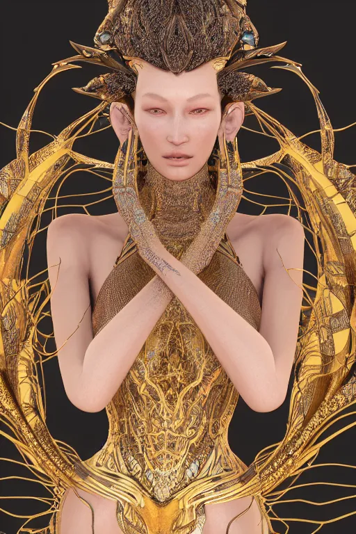 Image similar to a highly detailed metahuman 4 k close up render of an alien goddess bella hadid as kali in iris van herpen dress schiaparelli in diamonds swarovski and jewelry in style of alphonse mucha gustav klimt trending on artstation made in unreal engine 4