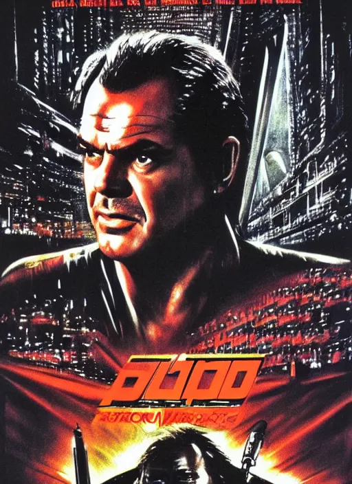 Image similar to 32 year old Jack Nicholson, instead of Harrison Ford, on the original movie poster of blade runner, 1982, movie poster, highly detailed, high quality,