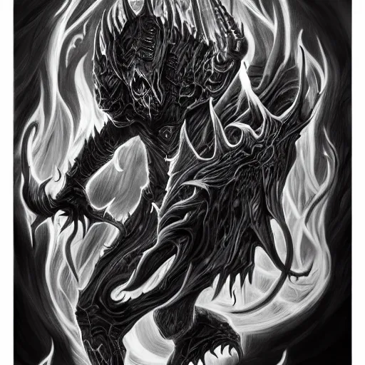 Prompt: full body grayscale drawing by Anato Finnstark of diablo lord of terror in 3/4 view, swirling flames