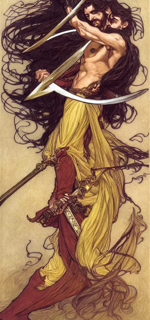 Image similar to one golden swordsman wielding two swords leans back as he lunges elegantly in the wind, his robes and long hair flowing in the breeze, fantasy, Mucha, MTG, Game of Thrones, salsa dancing, Rossetti, Millais, anatomically correct