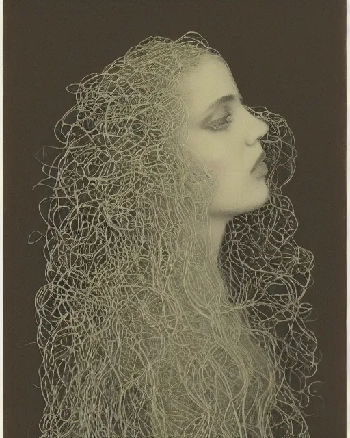 Image similar to a woman's face in profile, long flowing hair entwined in a coral reef, made of intricate decorative lace leaf, in the style of the dutch masters and gregory crewdson, dark and moody