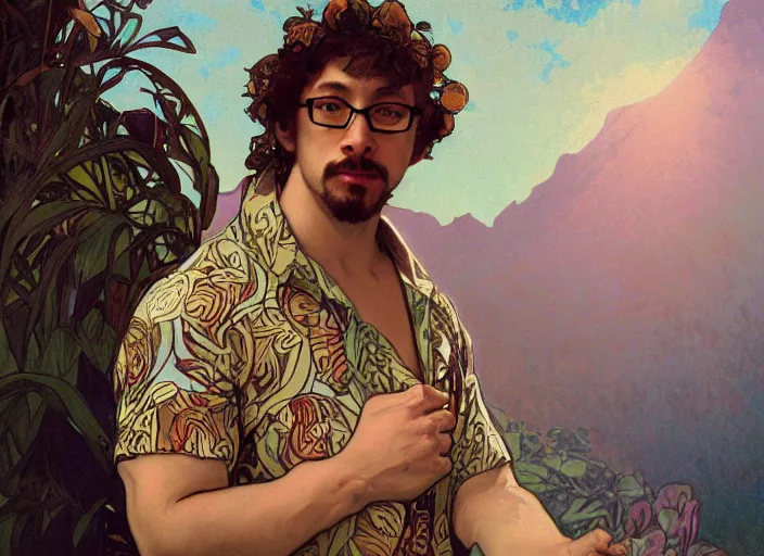 Image similar to Sam Hyde wearing luxuruous hawaiian vintage shirt, rule of thirds, accurately portrayed, portrait art by alphonse mucha and greg rutkowski, highly detailed, digital painting, concept art, illustration, ethereal lighting with twilight rays of sunlight, trending on artstation, very detailed, smooth, sharp focus, octane render, close up