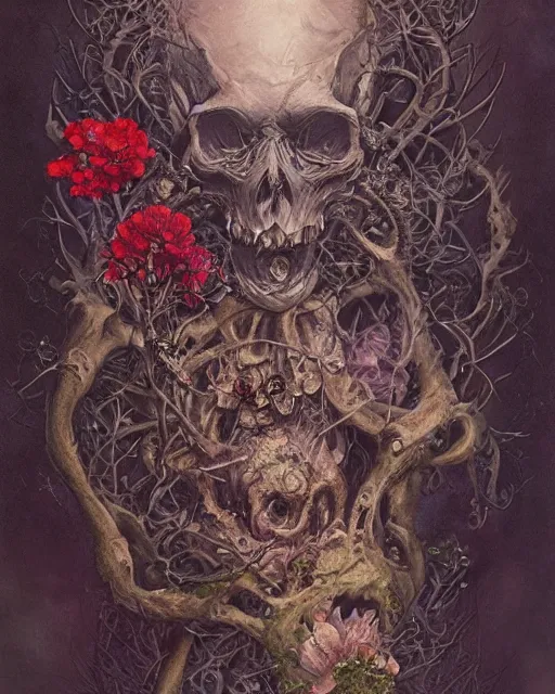 Prompt: a beautiful detailed front view of a dead rotten skull with ornate growing around, ornamentation, flowers, elegant, beautifully soft lit, by wayne barlowe, peter mohrbacher, kelly mckernan