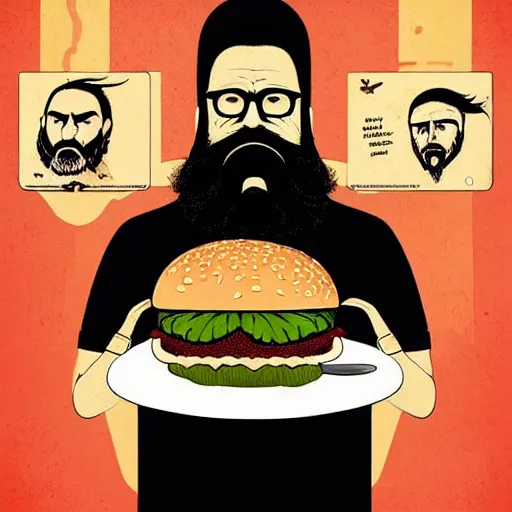 Prompt: beard man angry with italian burger. symmetrical anatomy, hyperdetailed, digital art, baroque, pop punk art style, poster style, illustration, fantasy, full body pictures, without duplication, dribble popular, unreal engine, drawn by ilya kuvshinov and vinicius gud and gustavo zambelli, intricate, balance rendered.