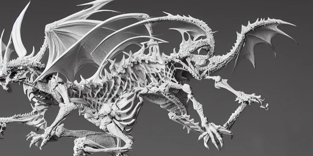 Prompt: white dragon skeleton, studio photography, 4 k, black background