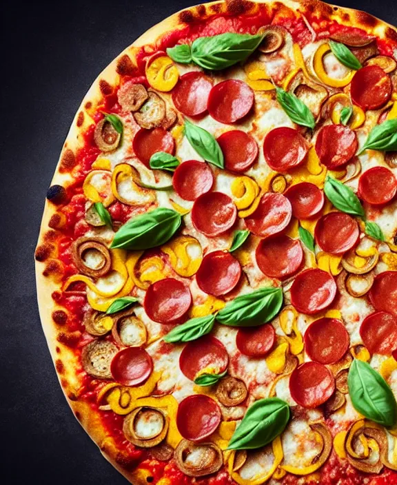 Image similar to big pizza with ingredientes forming a mandala, hyper realistic, food photography, advertising photography, tasty.