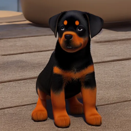 Image similar to cute rottweiler puppy, pixar, 8 k, octane render, still from pixar movie