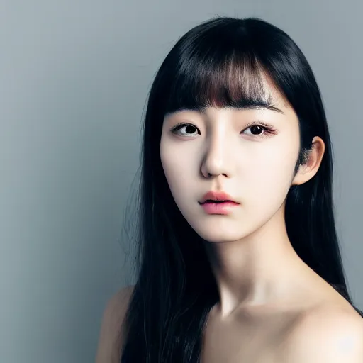 Prompt: Beautiful young korean woman with deep brown eyes and black hair posing, portrait mode photo, popular korean makeup, straight nose, smooth chin, few bangs, light background, photo realism, 4k detail