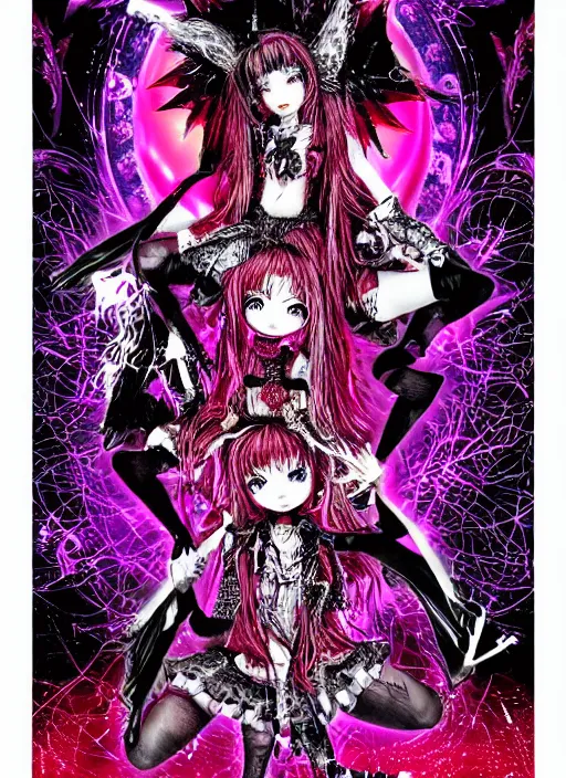 Image similar to spiked bloodmoon sigil stars draincore, goregrind album cover, baroque bedazzled gothic royalty frames surrounding a hellfire hexed witchcore aesthetic, dark vhs broken hearts, neon glyphs spiked pixelsort fairy kei decora doll by guro manga artist Shintaro Kago