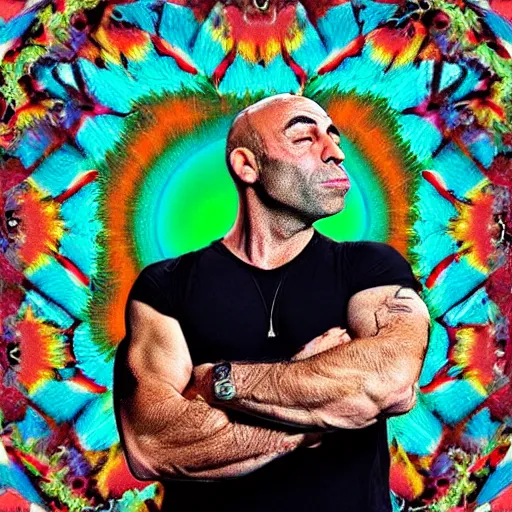 Image similar to joe rogan tripping on mescaline photorealistic