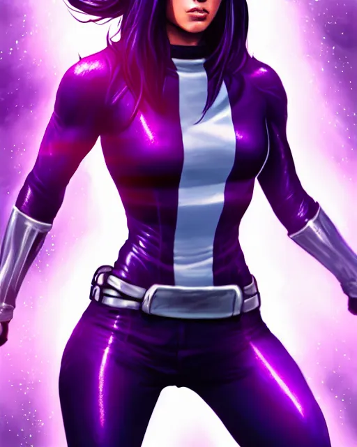 Image similar to Psylocke Chloe Bennet long hair, holding purple Halo energy sword, realistic character concept, action pose, comic book, illustration, slender symmetrical face and body, artstation, cinematic lighting, hyperdetailed, artgerm, 8k, Rafeal Albuquerque comic book art, single face, insanely detailed and intricate, beautiful