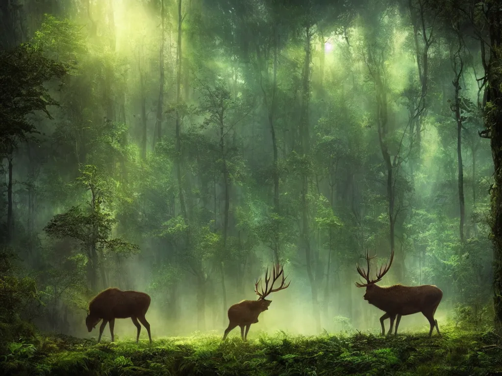 Image similar to a fantasy beautiful dense biorelevant rainforest setting, ultrawide angle, a large blue glowing elk herd with light illuminating from within, cinematic lighting, extremely emotional, extremely dramatic, surround it with pixie dust ether floating in the air, hdr, epic scale, cmyk, deep spectrum color