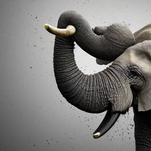 Image similar to an elephant falling apart and crumbling to dust to the air, photorealistic