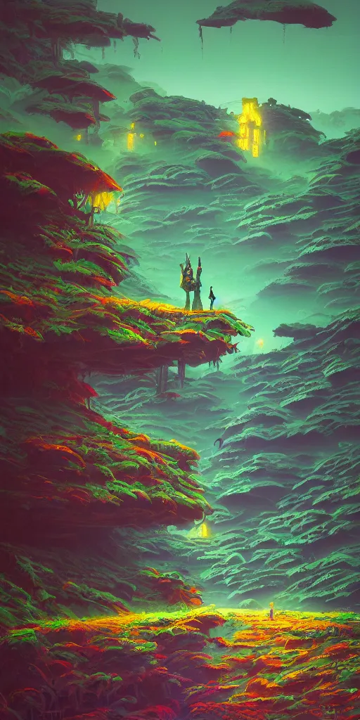 Image similar to the green samurai!!! a highly detailed cinematic oil painting by roger dean and alena aenami, dynamic lighting