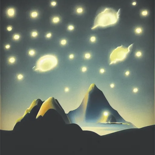 Prompt: silhouette of mountains made of light!!! bright cloudy sky, overexposed retro science fiction vintage art